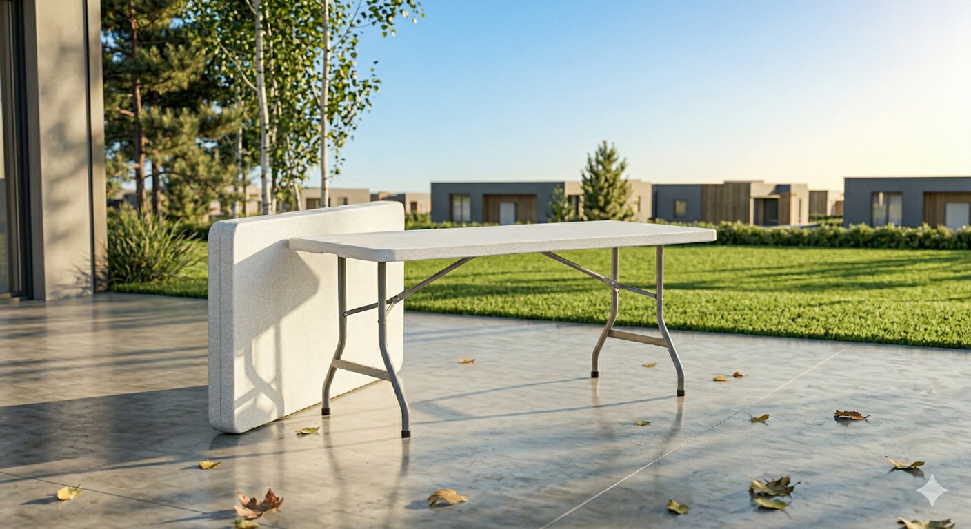 Two Flock Rental 6-foot folding tables on a patio: one set up on its legs, one folded flat for transport